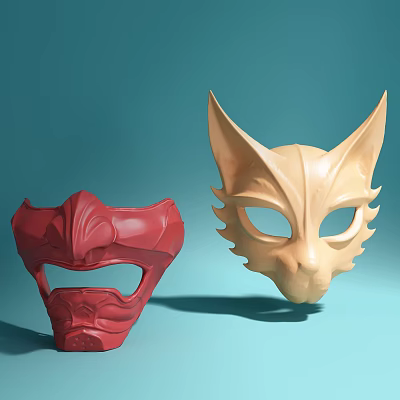 Adorable Animal Mask Dolls with Red and Beige 3D Rendered Design 3d model