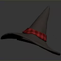 Gray Witch Hat With Pointed Top And Red Plaid Band For Halloween Costume