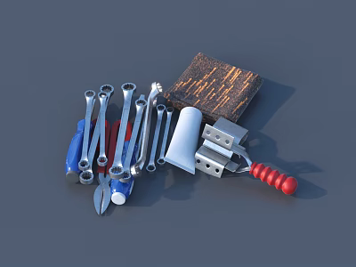 Durable Metal Hardware Tools With Wrenches Screwdrivers Red Blue Handles 3d model