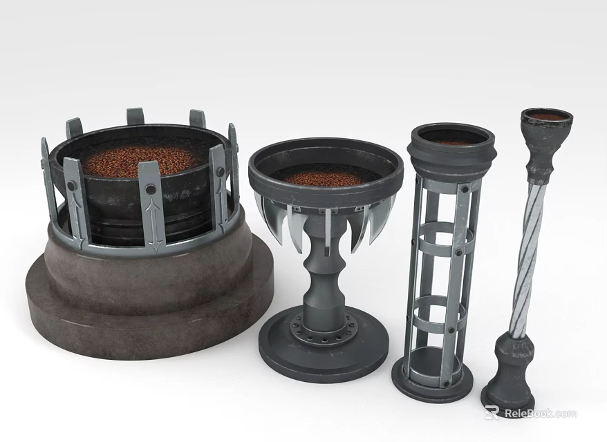 Black Metal Mechanical Components With Grid Base Spiral Design And Various Shapes 3d model 