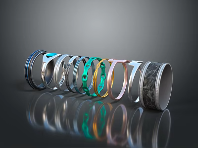 Chic Multi Colored Rings Showcasing Metallic And Textured Bands With Shiny Finish 3d model