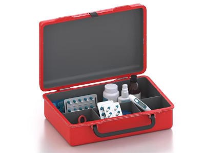 Red First Aid Kit With Medical Supplies Pills Bottles And Thermometer 3d model