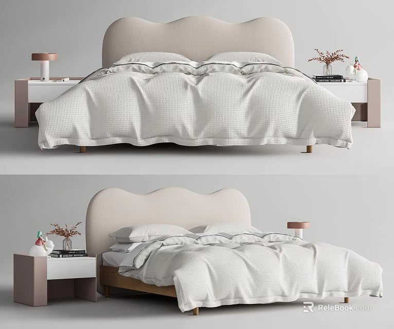 Kids Bed With Curved Beige Headboard White Bedding And Wooden Nightstands 3d model 
