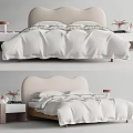 Kids Bed With Curved Beige Headboard White Bedding And Wooden Nightstands