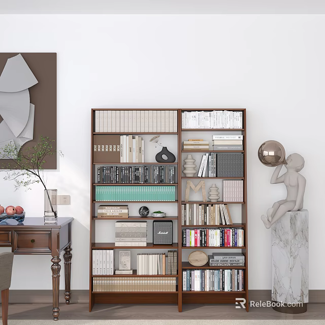 Modern Wooden Bookshelf Interior With Layered Shelves Books Decorative Items And Green Plants 3d model 