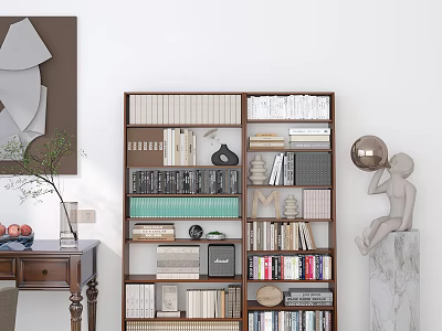 Modern Wooden Bookshelf Interior With Layered Shelves Books Decorative Items And Green Plants 3d model
