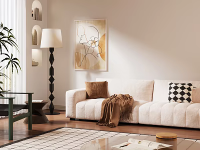 Light Beige Three Seater Sofa With Brown Pillow Checkered Throw Blanket Floor Lamp Wall Art 3d model