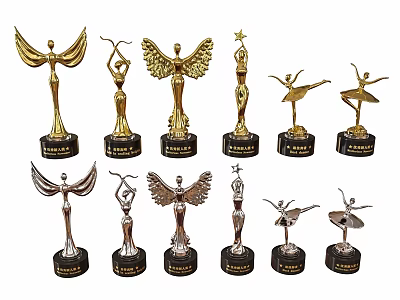 Gold Silver Trophies With Winged Angel And Ballet Dancer Designs On Black Bases 3d model