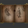 Ancient Open Book with Decorative Edges and Illustrated Pages Featuring Sketches of Figures and Creatures