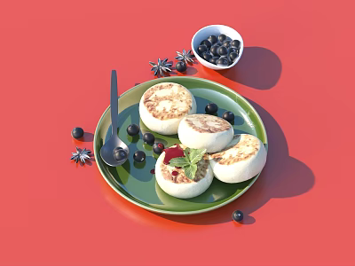 Delicious Round Pancakes on Green Plate with Blueberries and Star Anise on Red Background 3d model