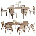 Wooden Modern Dining Table And Chairs Set With Round Rectangular Shapes And Woven Backrests 3d model