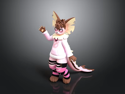 Anthropomorphic Creature Character With Fox Like Ears Pink Outfit Striped Pants And Waving Hand 3d model