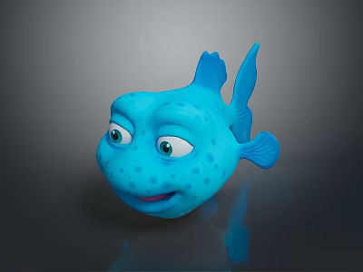 Cute Blue Cartoon Fish Head With Big Eyes Smiling Mouth Spots And Fins 3d model