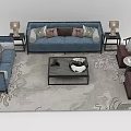 Modern Sofa Coffee Table Combination With Blue Sofas Throw Pillows Side Tables Lamps And Rug 3d model