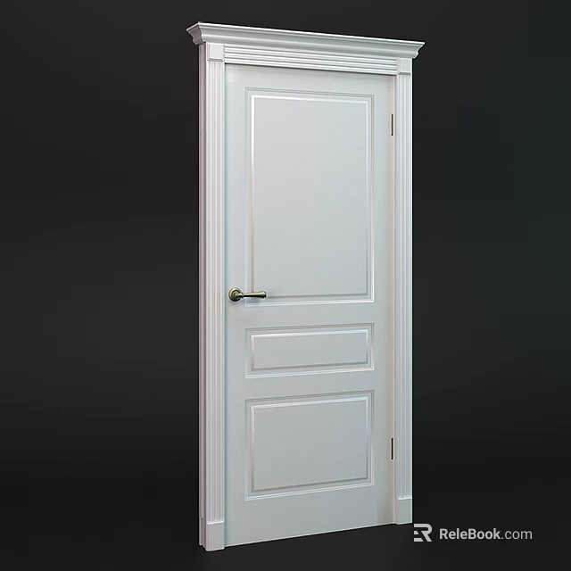 White Hinged Door With Simple Panel Design And Brass Handle For Home 3d model