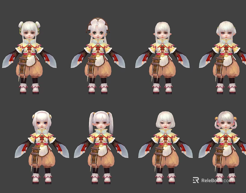 Cute Game And Film Character With White Hair Yellow Red Outfit Multiple Poses 3d model 