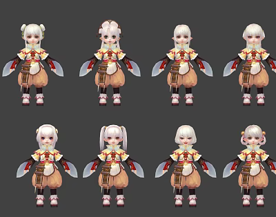 Cute Game And Film Character With White Hair Yellow Red Outfit Multiple Poses 3d model