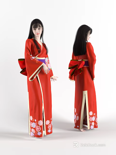 A Woman in Red Kimono with Black Long Hair and Bow Belt Featuring Floral Patterns 3d model 