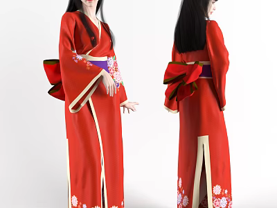A Woman in Red Kimono with Black Long Hair and Bow Belt Featuring Floral Patterns 3d model