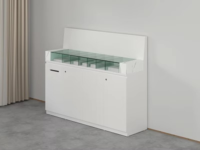 Modern White Reception Desk With Glass Countertop And Cabinet Storage In Minimalist Office Design 3d model