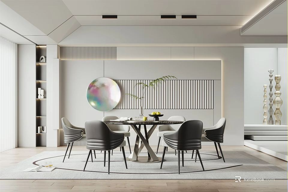 Modern Restaurant Interior With Round Dining Table Grey Chairs Circular Decor And Striped Wall 3d model 