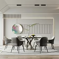 Modern Restaurant Interior With Round Dining Table Grey Chairs Circular Decor And Striped Wall
