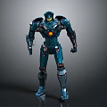 Game Movie Character Detailed Blue Mech Warrior With Mechanical Armor And Glowing Core
