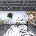 Modern Open Public Office Space With Workstations Green Plants Bookshelves Lighting And Striped Rug