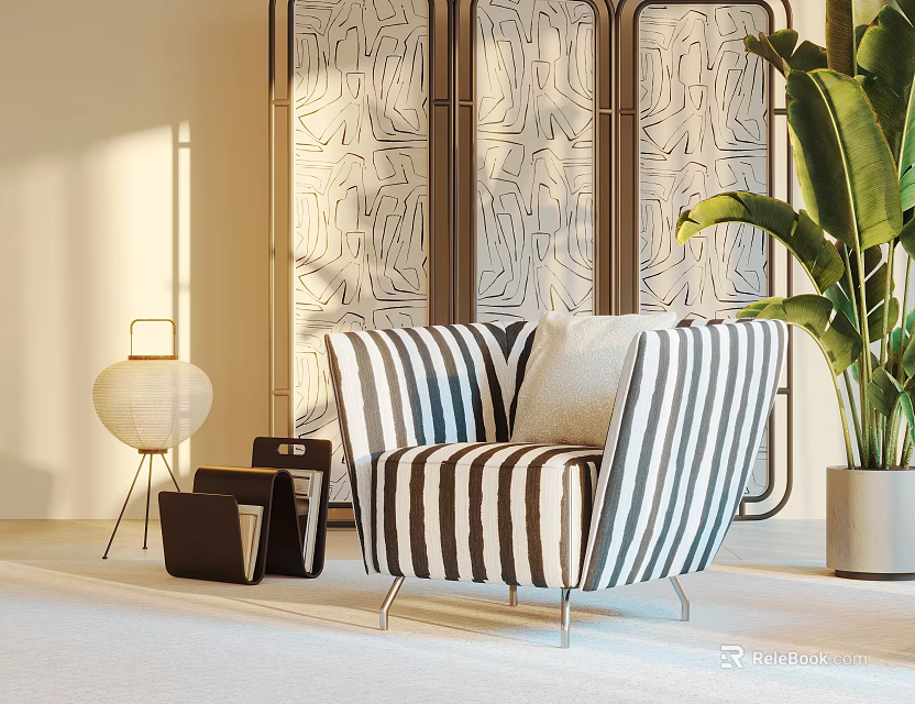 Black and White Striped Single Sofa With Floor Lamp Geometric Screen And Large Green Plant 3d model 