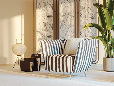 Black and White Striped Single Sofa With Floor Lamp Geometric Screen And Large Green Plant 3d model