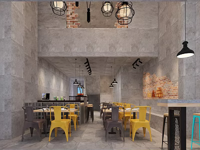 Industrial Restaurant Interior With Gray Walls Red Brick Accents Hanging Lights And Yellow Gray Chairs 3d model