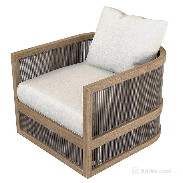 Modern Single Sofa Featuring Wooden Frame Woven Sides And Light Colored Cushion 3d model