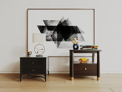 Modern Wooden Bedside Tables With Lamp Clock Books And Fruit Bowl Near Wall Art 3d model