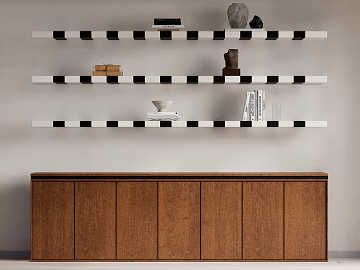 Brown Wooden TV Cabinet With Black And White Striped Shelves And Decorative Items On Top 3d model