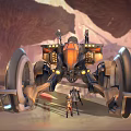 Futuristic Mechanical Weapon With Large Circular Frame Orange Accents And Bright Illuminated Lights