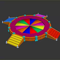Colorful Round Trampoline Landscape Featuring Segmented Sections And Red Yellow Blue Platforms With Stairs