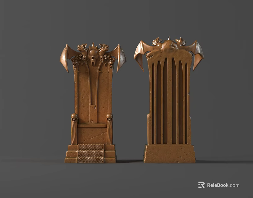 Two Ornate Brown Thrones With Bat Wings And Skull Decorations 3d model 