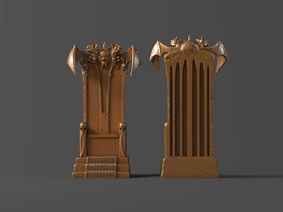 Two Ornate Brown Thrones With Bat Wings And Skull Decorations 3d model