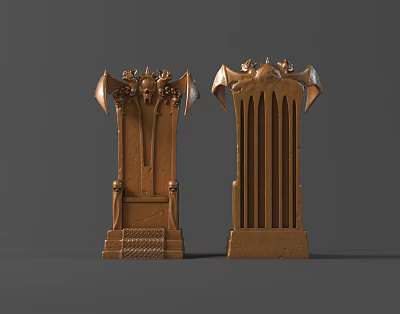 Two Ornate Brown Thrones With Bat Wings And Skull Decorations 3d model