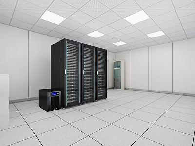 Data Center Facility With Black Server Racks White Walls Ceiling Lights And Floor Tiles 3d model