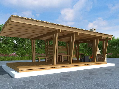 Wooden Pergola with Roof and Wooden Benches on Stone Patio Surrounded by Green Trees 3d model