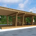 Wooden Pergola with Roof and Wooden Benches on Stone Patio Surrounded by Green Trees