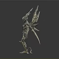 Silver Armored Character And Fantasy Creature With Spiked Head And Multiple Wings