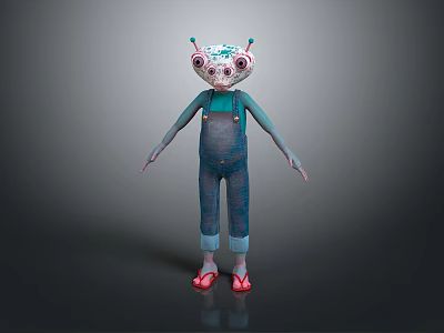 Cartoon Game and Movie Character With Large Eyes Antennae Blue Overalls and Red Shoes 3d model