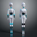 Two Futuristic Robots Front And Back Views With White And Blue Mechanical Design 3d model