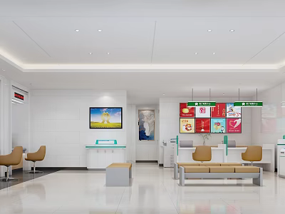 Modern Service Hall Interior Design With White Seats Counter Display Screen And Signage 3d model