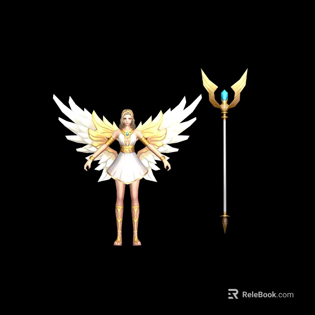 Game Female Character With White Wings Golden Decorations White Dress And Staff Featuring Blue Gemstone 3d model 