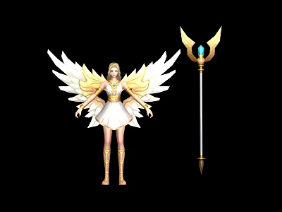 Game Female Character With White Wings Golden Decorations White Dress And Staff Featuring Blue Gemstone 3d model