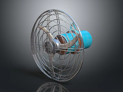 Vintage Electric Fan With Metal Wire Cage Blue Motor And Blades 3d model