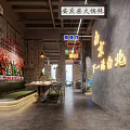 Industrial Style Restaurant With Neon Signs Chinese English Signs And Red White Striped Floor